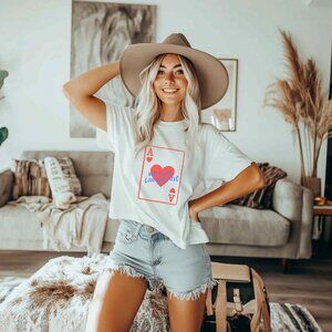 Euro Summer Vintage Style White Graphic Tee with Playing Card Design
